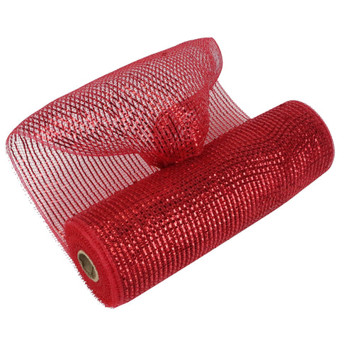 MEEDEE Red Mesh Ribbon Gold Deco Mesh Ribbon 10 Inch Wide Red Mesh Ribbon for Christmas Tree Metallic Mesh Roll Decorative Red Mesh Ribbon for Wreaths Garland Swag Basket Craft Supplies (30 Feet)