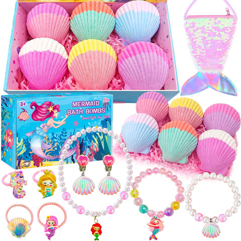 Mermaid Bath Bombs for Girls Kids with Surprise Inside Easter Gifts for Girls Easter Basket Sutffers 6+10 PCS Easter Toys 4 5 6 7 8 Year Old Birthday Princess Jewelry Natural Organic Bubble Bath Bomb