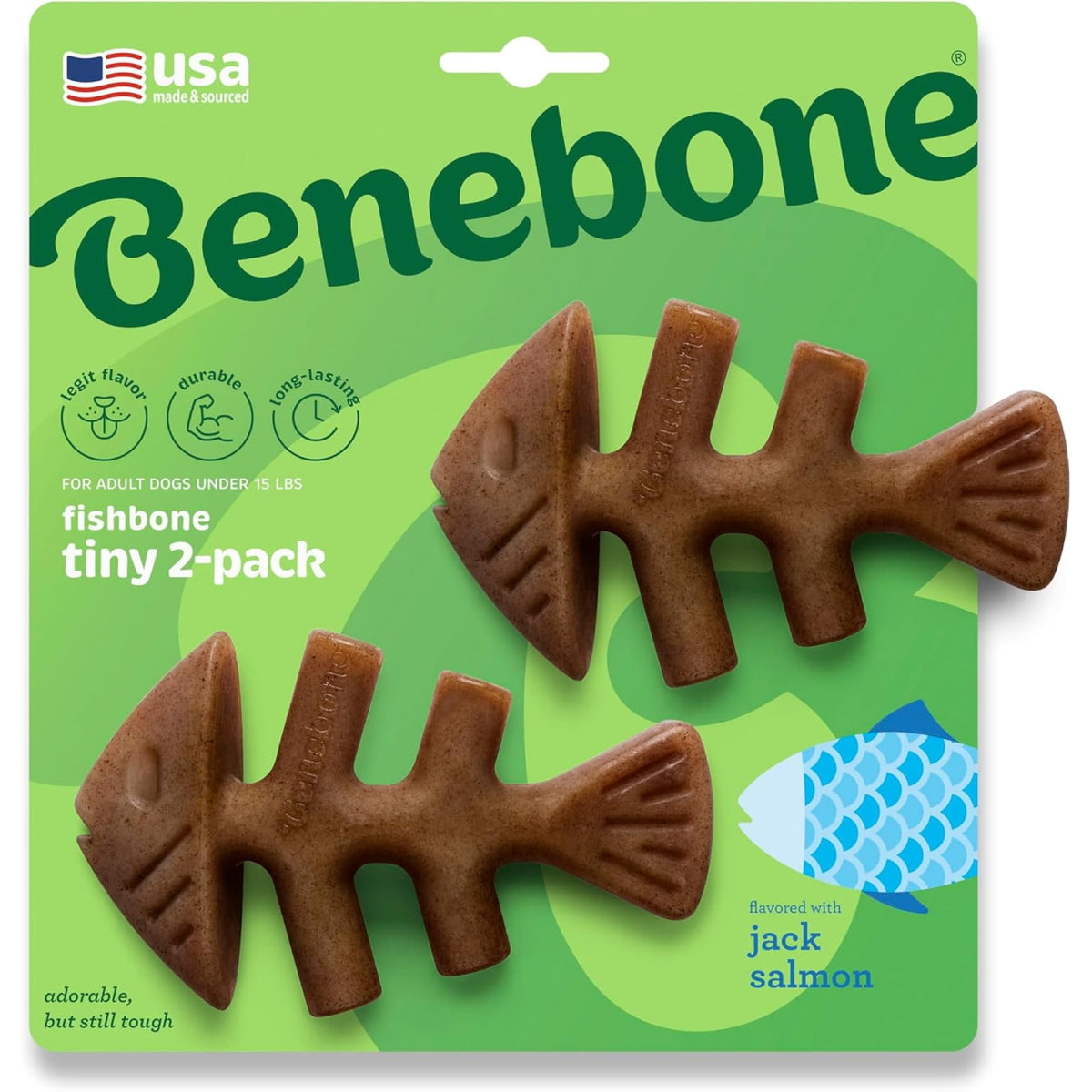 Benebone Durable Fishbone Dog Chew Toy for Aggressive Chewers, Jack Salmon, Tiny 2-Pack, Made in USA