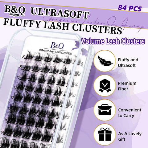 Lash Clusters Fluffy Individual Lashes 84 Pcs Ultralight Eyelash Clusters B&Q DIY Cluster Eyelash Extensions at Home Wispy Lash Extension Light as Feather Cluster Lashes (F02-D-8-18mm)