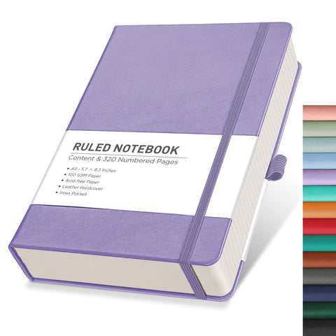 RETTACY Journaling Notebooks, A5 Lined Notebook Journal with 320 Numbered Pages, Journals for Writing, Notebooks for Work, 100 GSM Paper, Leather Hardcover, Inner Pocket, 5.7'' Ã— 8.3'' (Purple)