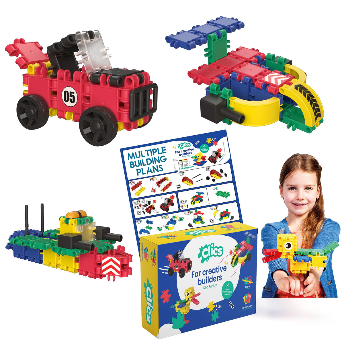 Clics construction toys for children from 3 years, creative educational toys in a 69 piece set, building blocks for girls and boys, Montessori STEM toys, durable toys made from recycled material