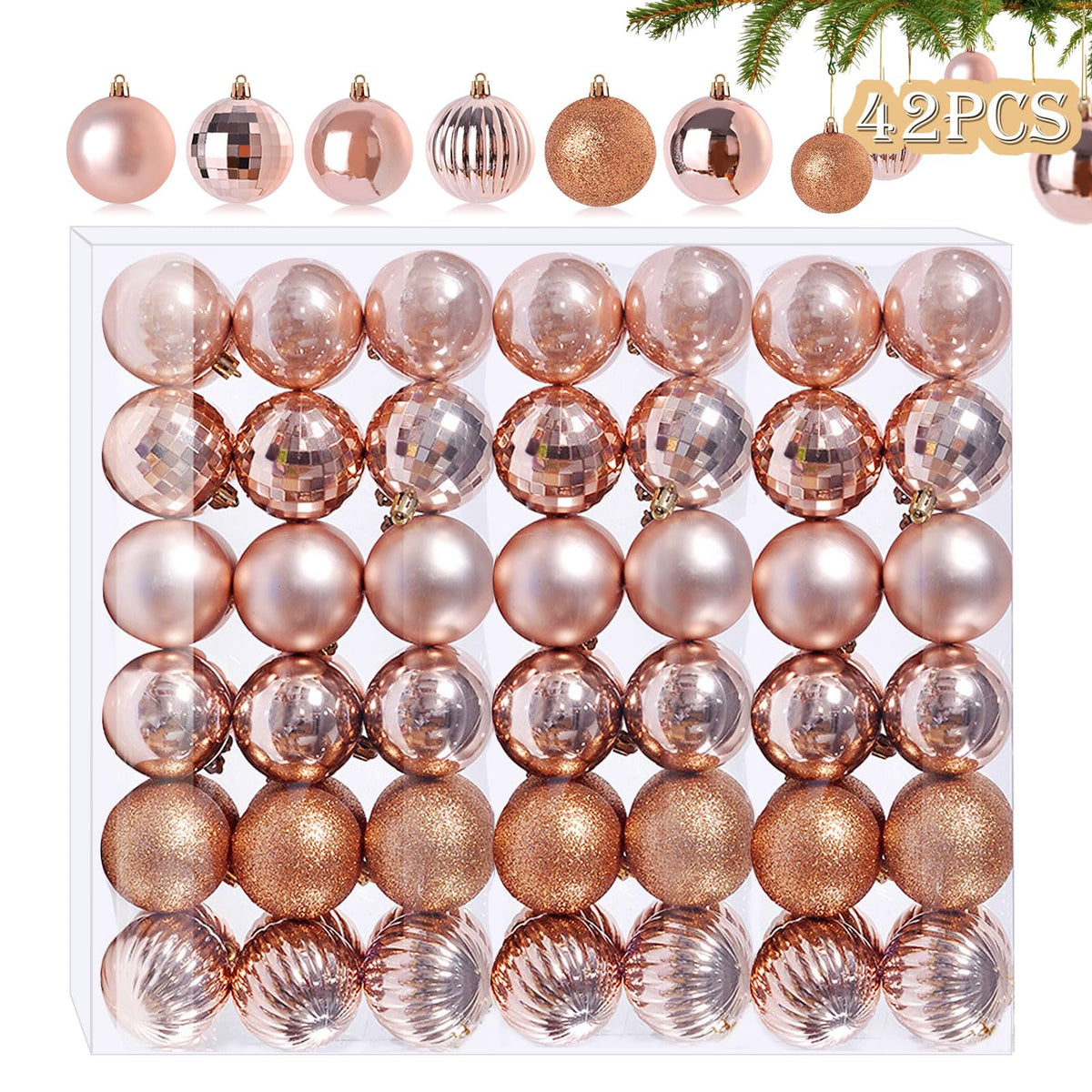 42 pieces Small Christmas baubles rose gold 6 Different designs plastic baubles 3CM Mini baubles plastic baubles Christmas tree Christmas decorations baubles