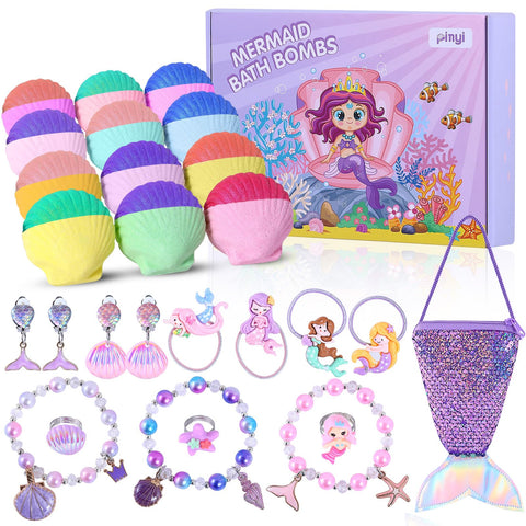 Mermaid Bath Bombs for Girls with Surprise Inside, 12pcs Shell Grils Bath Bombs with Mermaid Jewelry Toys for Kids, Fizzies Kids Bubble Bath Bomb Gift Set for Easter Birthday Mermaid Party Favors