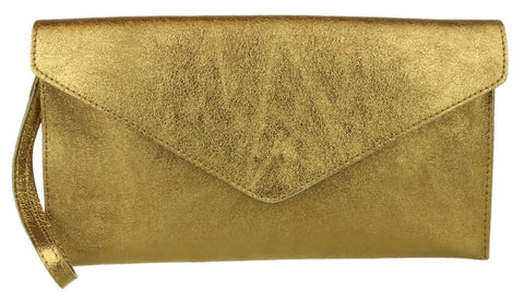 Girly Handbags Womens Italian Suede Leather Envelope Clutch Bag Metallic Old Gold