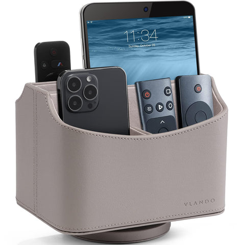 Vlando Remote Control Holder 360 Degrees Rotatable - PU Leather Desk Supply Organizer - 5 Compartments Desktop Storage Caddy Fits for Media Player, Bedside TV Caddy, E-reader, Phone, Pencil (Grey)