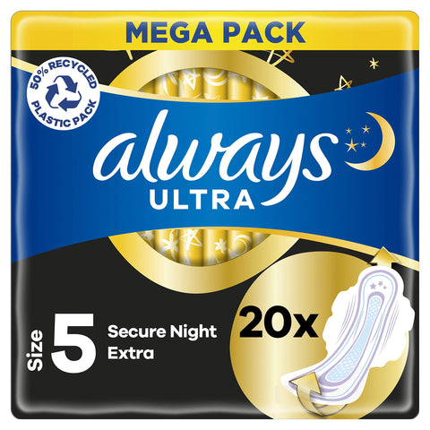 Always Ultra Sanitary Towels with Wings, Secure Night, Size 5, 80 Towels (20 x 4 Packs), MEGA PACK, Odour Neutraliser, Absorbent Core