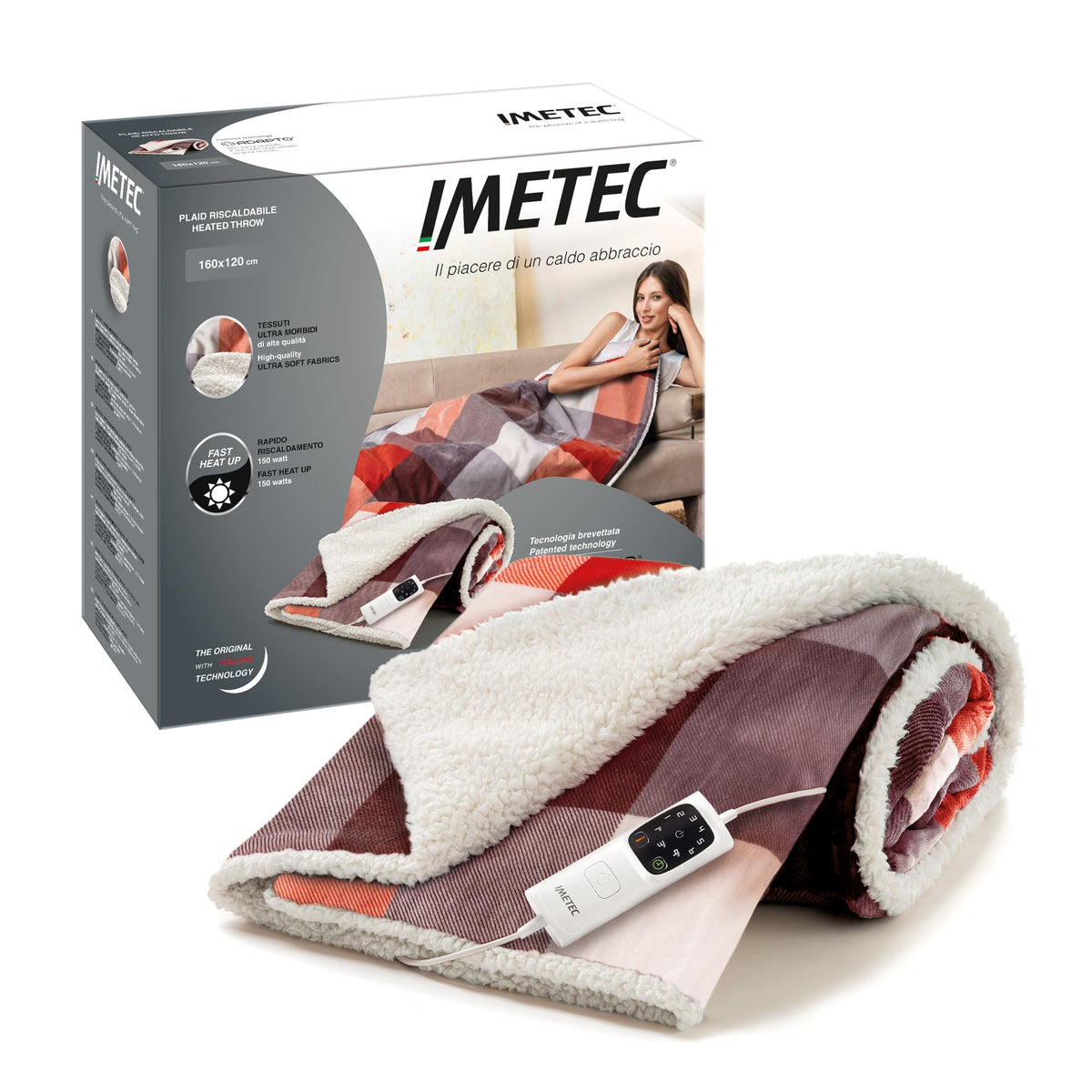 Imetec Warm Plaid Tartan Festival, Heated Blanket, Soft Electric Blanket, 160 x 120 cm, Low Consumption, Adapto Technology, Safety Device, Fast Heating, 6 Temperature, Washable