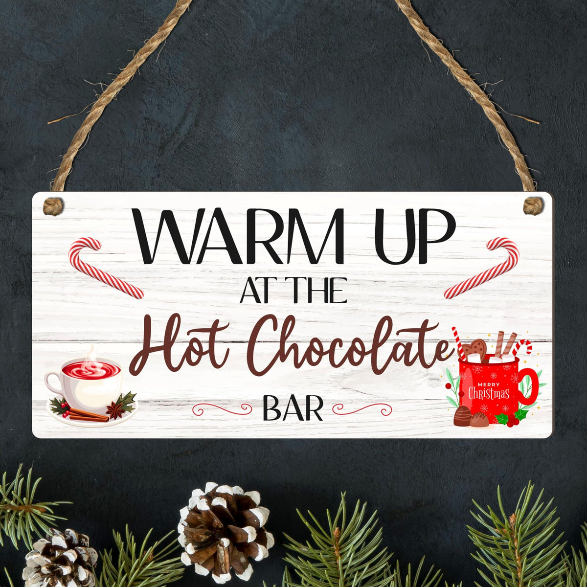 "Warm Up at the Hot Chocolate Bar" Christmas Plaque - Festive Wooden Sign for Cocoa Lovers - Perfect Christmas Decor for Kitchen, Coffee Nook, or Holiday Gathering (White)