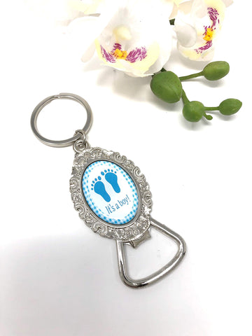 12 New Baby Shower Blue Boy Baby Foot Design Keychain With Bottle Opener Party Favor Set
