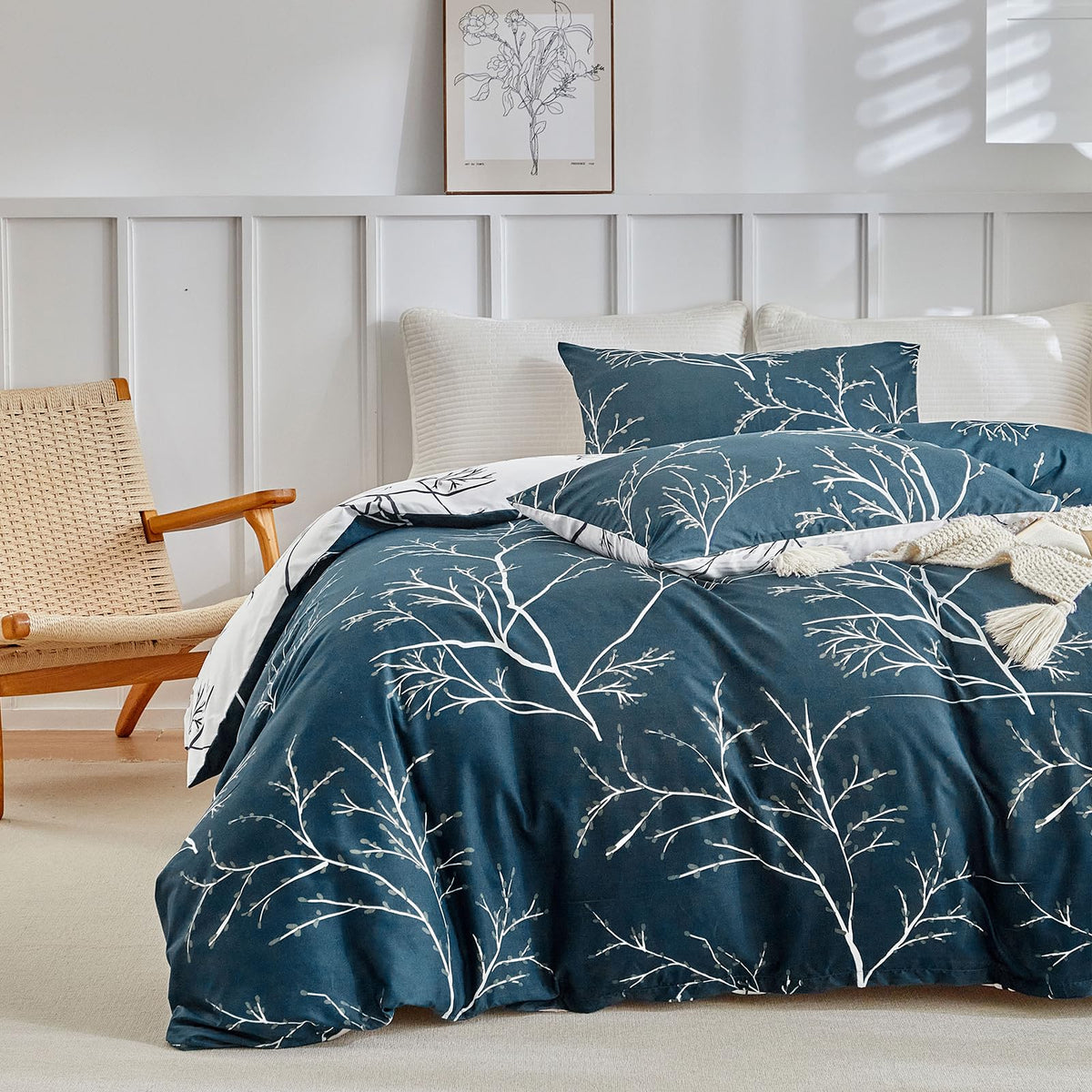 Tokokimo Super King Duvet Set Blue Bedding Set, Botanical Branch Printed Super King Size Duvet Cover Sets (1x Duvet Cover + 2x Pillowcase), Soft Microfibre Super King Duvet Cover 260x220 cm, Blue