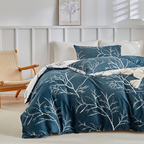 Tokokimo Super King Duvet Set Blue Bedding Set, Botanical Branch Printed Super King Size Duvet Cover Sets (1x Duvet Cover + 2x Pillowcase), Soft Microfibre Super King Duvet Cover 260x220 cm, Blue