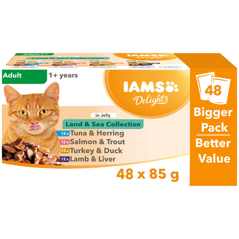 IAMS Delights Complete Wet Cat Food for Adult 1+ Cats Meat and Fish Variety in Jelly Multipack 48 x 85 g Pouches
