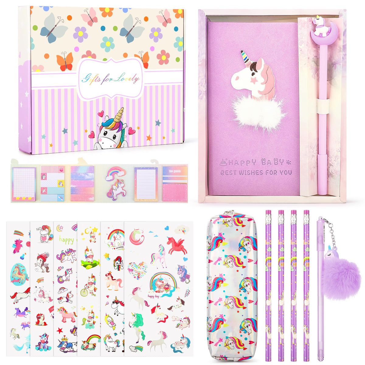 Maomaoyu Unicorn Stationary Sets for Girls, Girls Stationary Gift Sets with Unicorn Gift Box, Pencil Case & Stickers, Unicorn Birthday & Christmas Gifts for Girls Age 4 -12, Purple