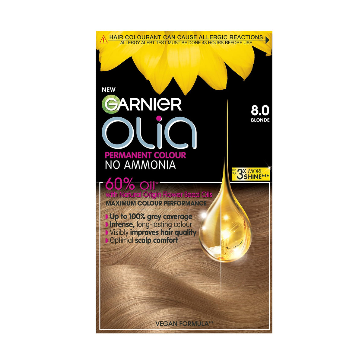 Garnier Olia 8.0 Blonde Permanent Hair Dye, Up to 100% Grey Hair Coverage, Visibly Improved Hair Quality, 3X More Shine, No Ammonia & 60% Oil Powered Formula