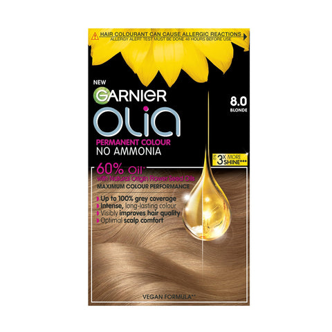 Garnier Olia 8.0 Blonde Permanent Hair Dye, Up to 100% Grey Hair Coverage, Visibly Improved Hair Quality, 3X More Shine, No Ammonia & 60% Oil Powered Formula