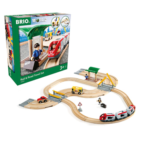 BRIO World - 33209 Rail & Road Travel Set | 33 Piece Train Toy with Accessories and Wooden Tracks for Kids Ages 3 and Up