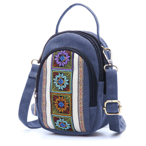 SILKAREA Boho Embroidered Canvas Handbags Small Crossbody Bag Cell Phone Purses for Women Wristlet Wallet Bag Coin Purse (S3 Navy Blue)