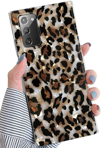 J.west for Samsung Galaxy Note 20 Case 6.7 inch, Luxury Sparkly Animal Leopard Print Vintage Cheetah Glitter Clear Soft TPU Bumper Hard PC Slim Drop Protective Phone Case for Women Girls Light Brown