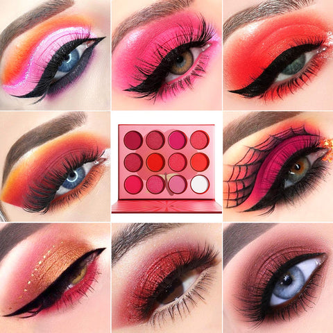 DE'LANCI Red Eyeshadow Palette,12 Color Matte Shimmer High Pigmented Mini Makeup Eyeshadow Pallet,Peach Coral Burgundy Rose Gold White Natural Blendable Long-Lasting Waterproof Small Pallets Eyeshadow
