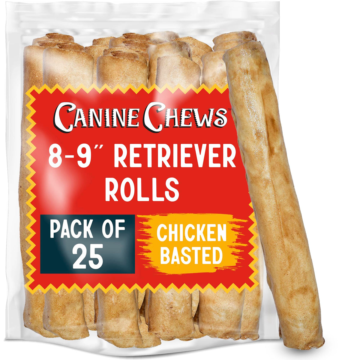 Canine Chews 8-9" Chicken Basted Dog Rawhide Retriever Rolls (25 Pack) - Chicken Rawhide Bones for Large Dogs - 100% USA-Sourced Chicken Basted Dog Rawhide Chews - Healthy Dog Dental Chew Rawhides