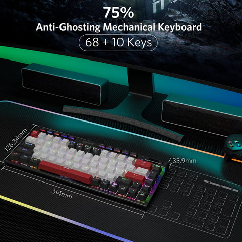 Redragon K635 Hot Swappable Mechanical Keyboard Customized RGB Backlit with Volume Control, Bluetooth/2.4G-Wireless/USB-C Compact Gaming Keyboard with Red Switches(68+10Keys)