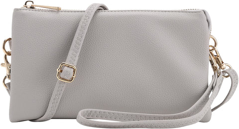 Vegan Leather Multi-Pocket Crossbody Purse/Clutch with Card Slots, Removable Wristlet Strap & Adjustable Shoulder Strap, Gray, S