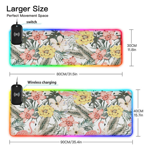 Flamingo Flowers Wireless Charging Mouse Pad for Mobile Phone Extra Large Gaming Mousepad with 13 Lighting Modes Extended Desk Mat for Gaming MacBook PC Laptop Desk Office Home