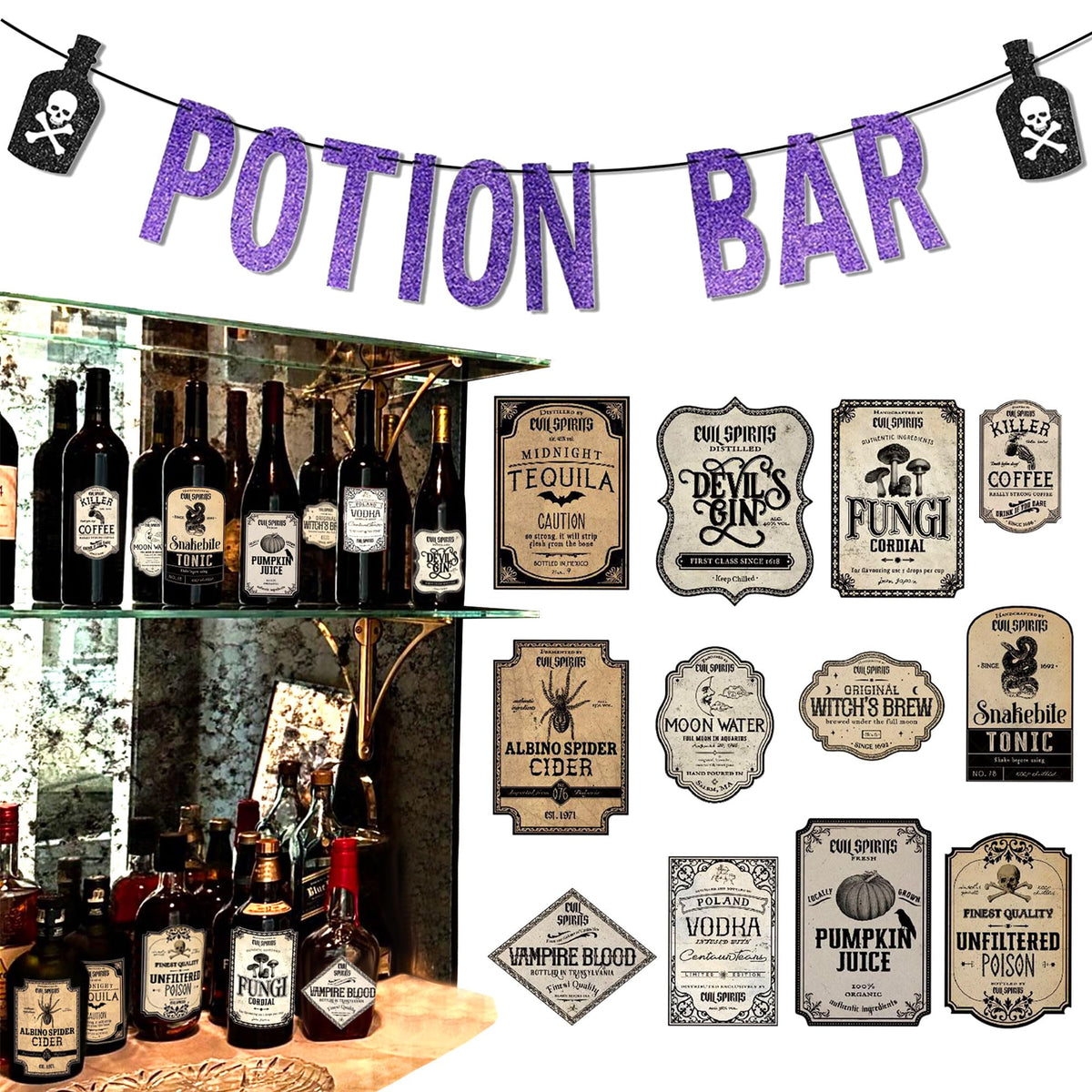 JeVenis Halloween Potion Bar Banner Spooky Witch Potion Labels Stickers for Glass Bottles Vintage Bar Banner Potion Bar Table Signs Party Supplies Halloween