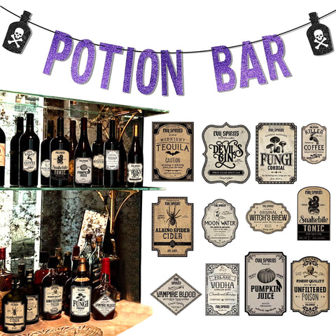 JeVenis Halloween Potion Bar Banner Spooky Witch Potion Labels Stickers for Glass Bottles Vintage Bar Banner Potion Bar Table Signs Party Supplies Halloween