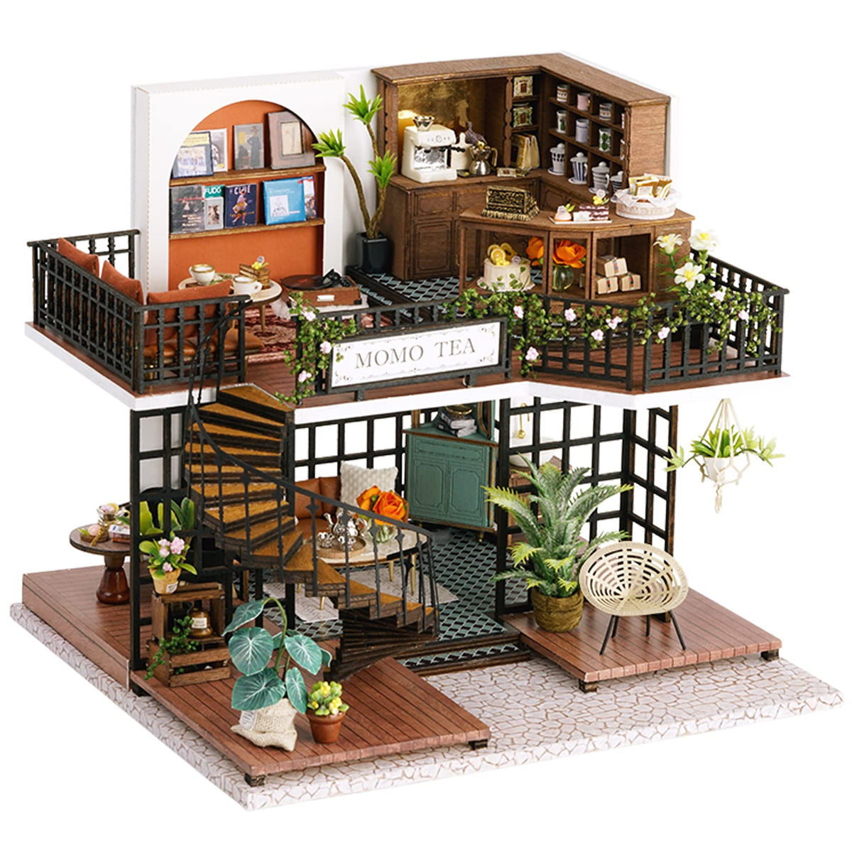 Spilay DIY Miniature Dollhouse Wooden Furniture Kit,Handmade Mini Crafts Modern Villa Model with Dust Cover & Music Box,1:24 Scale Creative Doll House Toys (LV001) (Forest Teashop)