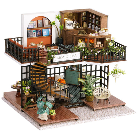 Spilay DIY Miniature Dollhouse Wooden Furniture Kit,Handmade Mini Crafts Modern Villa Model with Dust Cover & Music Box,1:24 Scale Creative Doll House Toys (LV001) (Forest Teashop)