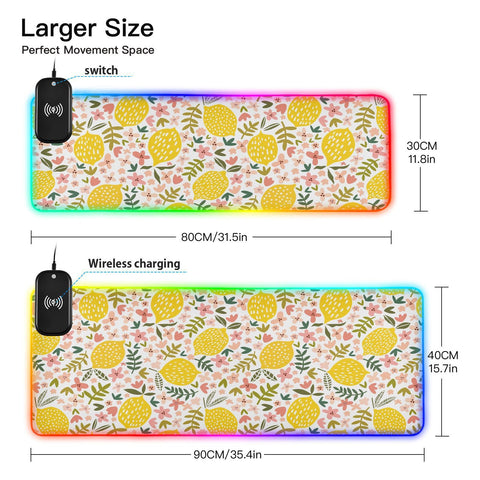 Flower Lemon Wireless Charging Mouse Pad for Mobile Phone Extra Large Gaming Mousepad with 13 Lighting Modes Extended Desk Mat for Office Home Gaming MacBook PC Laptop Desk
