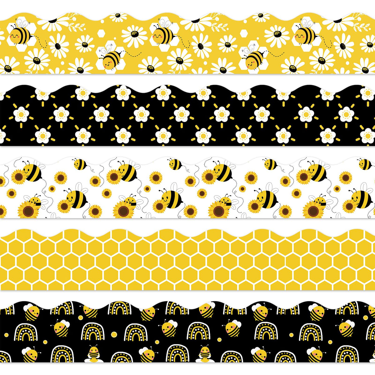 JarThenaAMCS 69Ft Summer Bee Bulletin Board Borders Yellow Black Bee Honeycomb Flower Rainbow Self-Adhesive Border Trim for Summer World Bee Day School Classroom Office Decoration