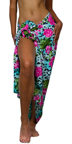 King Kameha Funky Hawaiian Cover-up Pareo Sarong, Leopard Flowers, Lightblue, Big