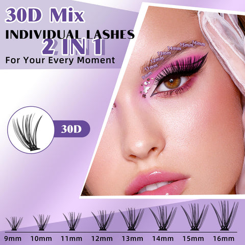 DIY Lash Extension Kit 280pcs Individual Lashes Cluster B&Q D Curl Eyelash Extension Kit Lash Clusters with Lash Bond and Seal and Lash Applicator Tool for Self Application (KIT,30D-D-9-16MIX)