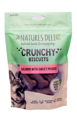 Natures Deli Salmon with Sweet Potato Dog Treats, Crunchy Biscuits for Dogs Gluten Free Low Fat Tasty Bite-size Treats for Dogs - 225 g