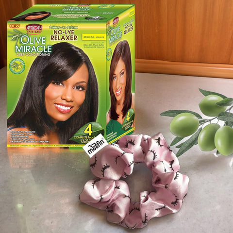 Olive Miracle Deep Conditioning No-Lye Relaxer Kit, 4 - Gentle Formula with Olive Oil & Shea Butter for Silky Smooth Hair, Bundle with Moofin Hair Tie, for Straight (Pack of 2)