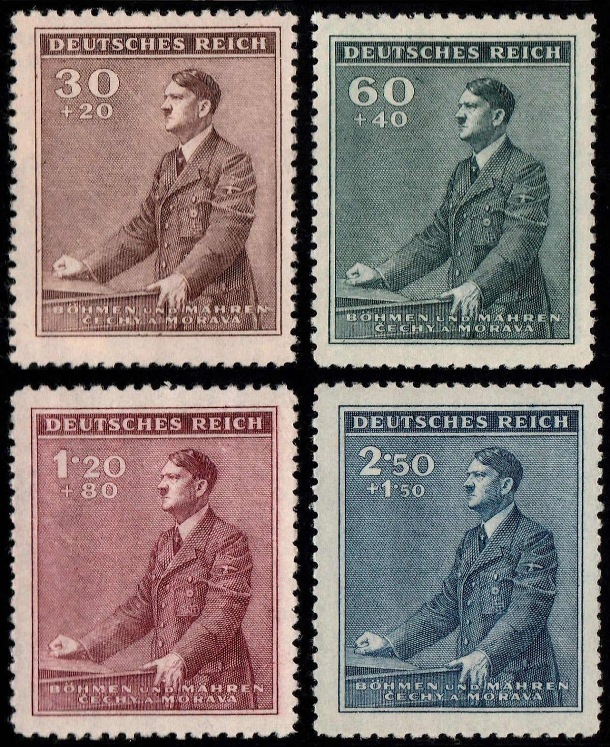 Bohemia and Moravia 1942 WWII Hitler Postage Stamps, Set of Four, Stamp No B9-B12