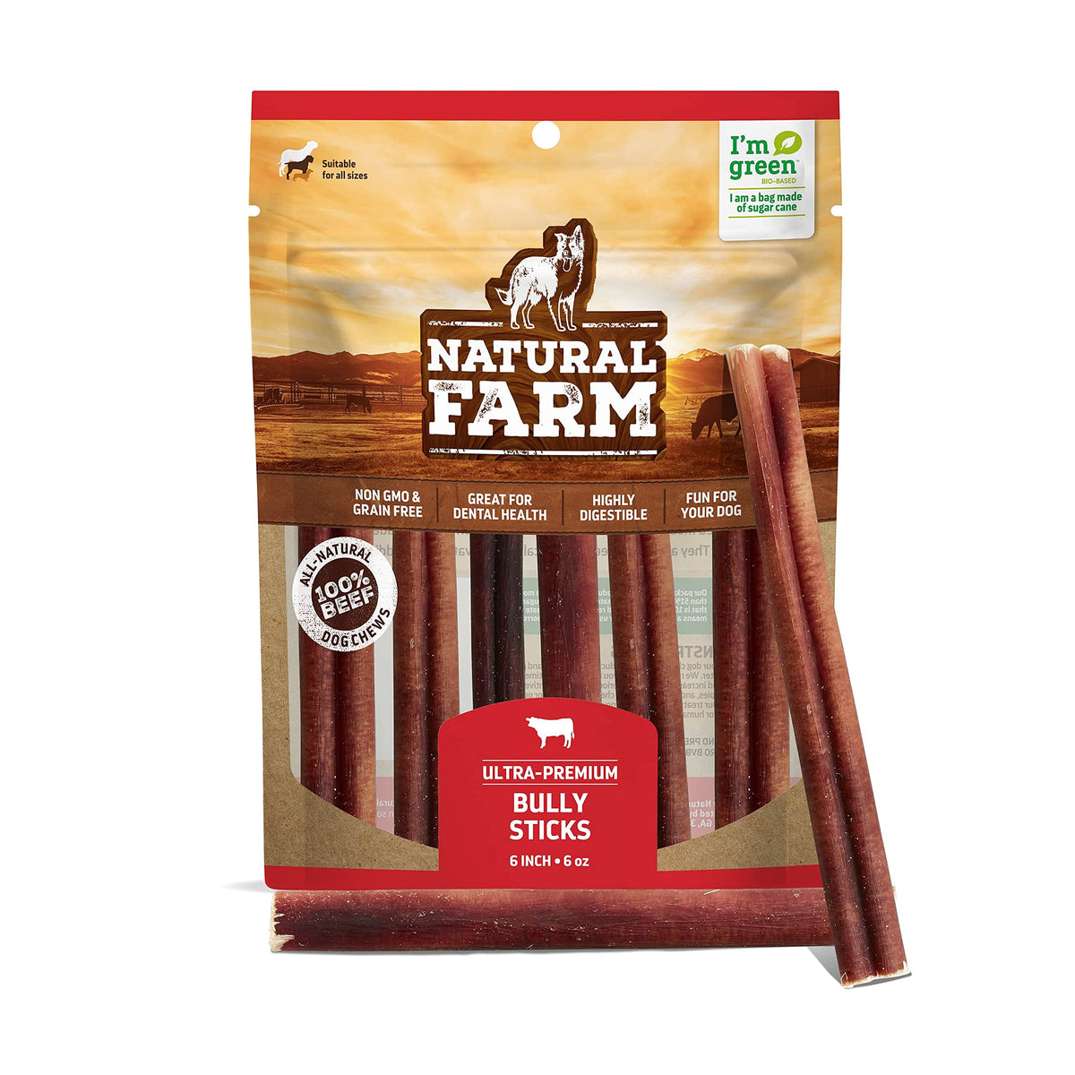 Natural Farm Odor-Free Bully Sticks (6 Inch, 6 Ounces), Packaged by Weight, 100% Beef Chews, Grass-Fed, Fully Digestible Treats to Keep Your Puppies, Small and Medium Dogs Busy