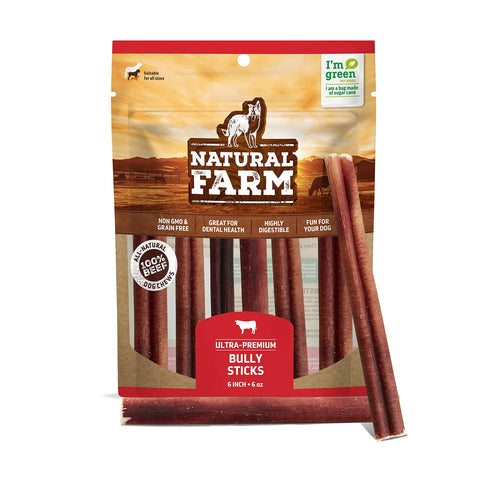 Natural Farm Odor-Free Bully Sticks (6 Inch, 6 Ounces), Packaged by Weight, 100% Beef Chews, Grass-Fed, Fully Digestible Treats to Keep Your Puppies, Small and Medium Dogs Busy