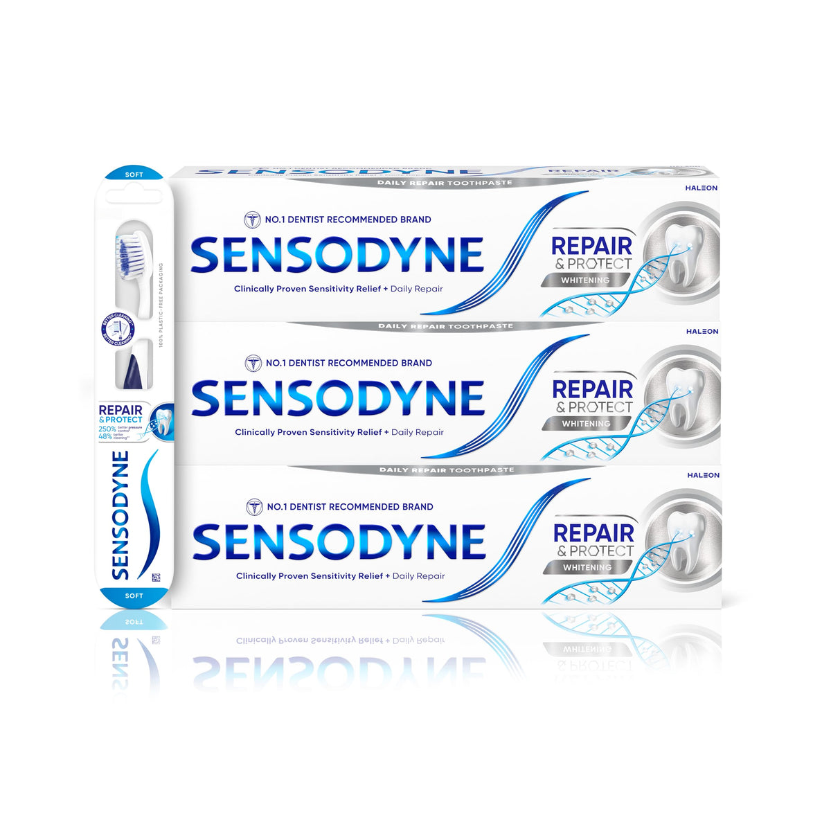 Sensodyne Toothpaste Repair and Protect, Teeth Whitening and Protect, Teeth WhiteningToothpaste Multipack withSensodyne Toothbrush, 3 x75ml