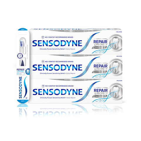 Sensodyne Toothpaste Repair and Protect, Teeth Whitening and Protect, Teeth WhiteningToothpaste Multipack withSensodyne Toothbrush, 3 x75ml