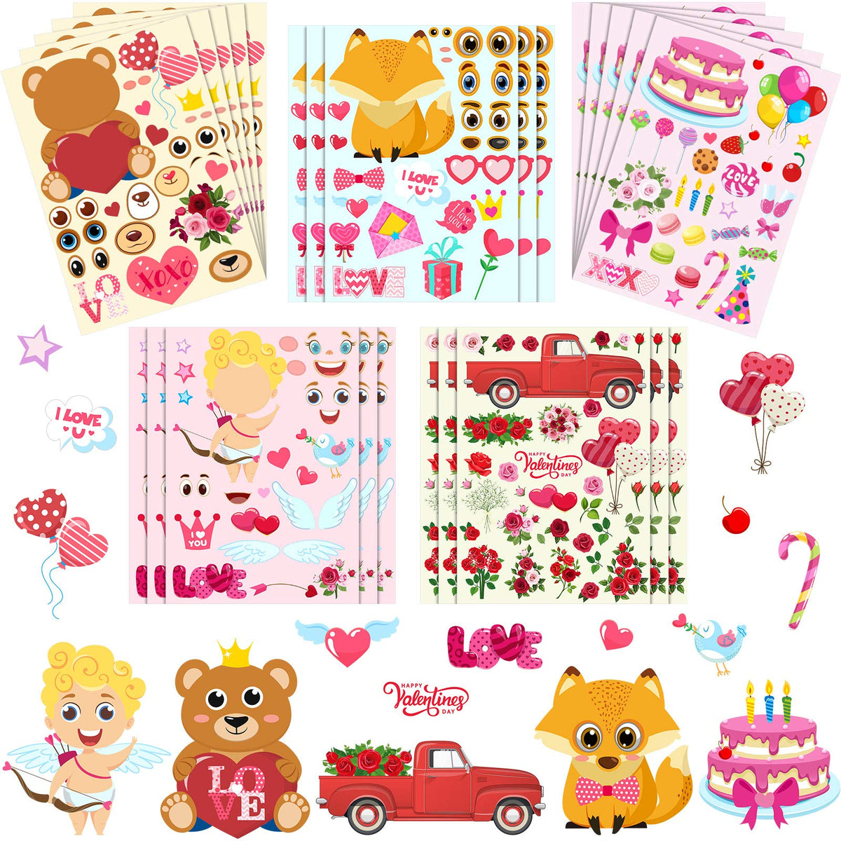 30 Sheets Valentine's Day Sticker Mix and Match Valentine's Day Stickers Heart Bear Cupid Stickers Make Your Own Stickers Party Games for Kids Valentine's Day Party Decorations