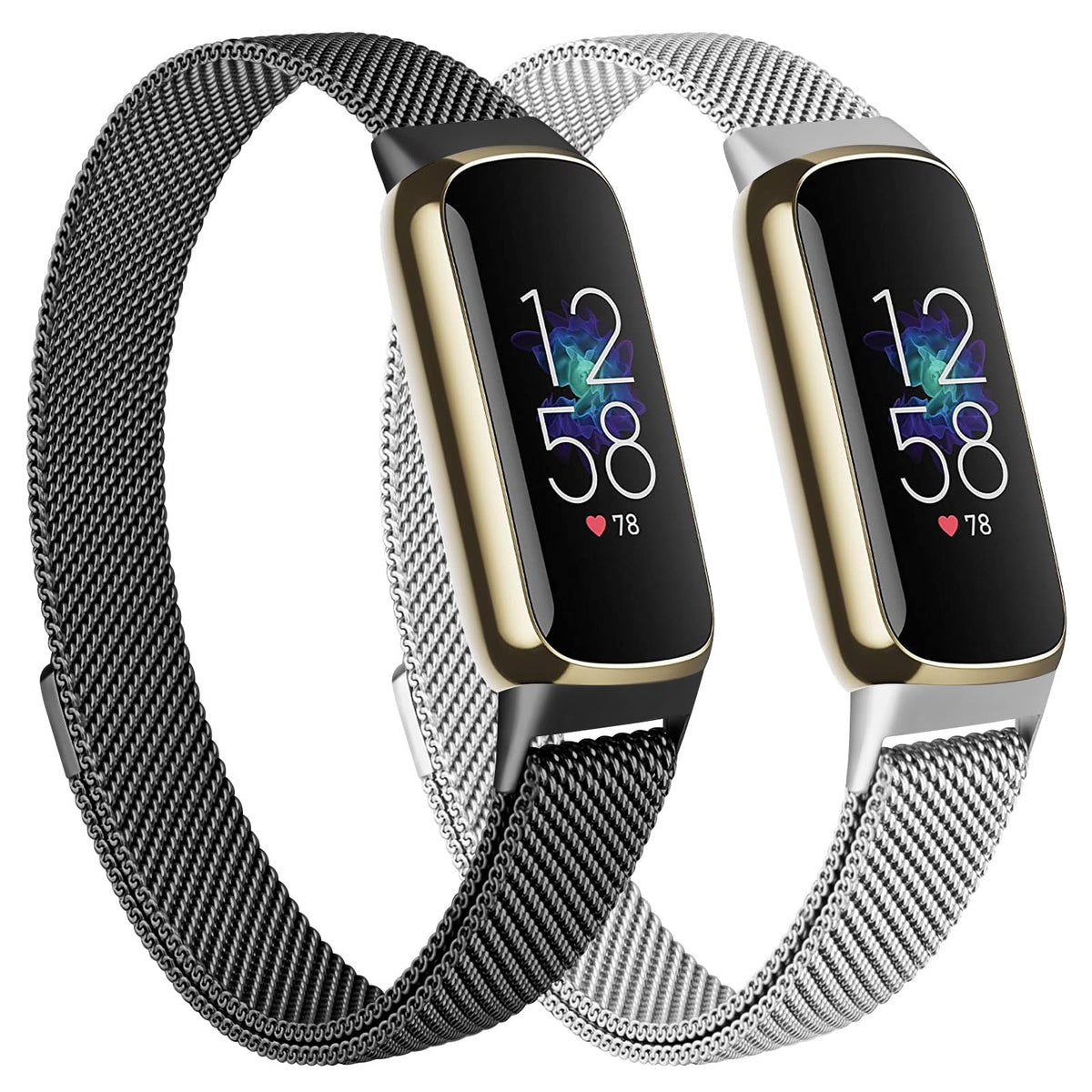 Meliya Metal Band Compatible with Fitbit Luxe Bands Women Men, 2 Pack Stainless Steel Mesh Loop Adjustable Wristband Replacement Strap for Fitbit Luxe Fitness Tracker (Black+Silver)