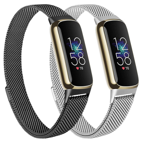 Meliya Metal Band Compatible with Fitbit Luxe Bands Women Men, 2 Pack Stainless Steel Mesh Loop Adjustable Wristband Replacement Strap for Fitbit Luxe Fitness Tracker (Black+Silver)