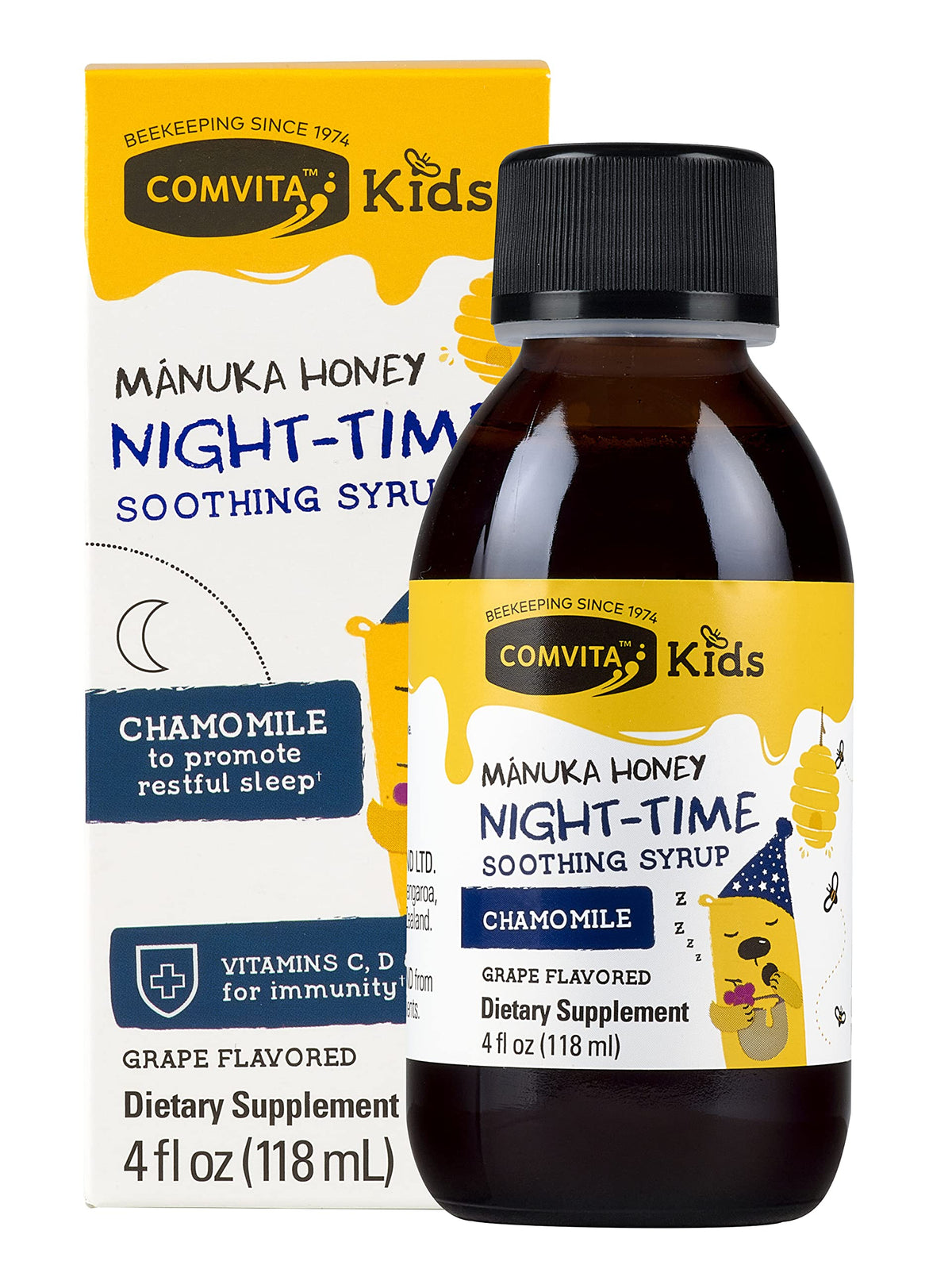 COMVITA Kids Nighttime Soothing Natural Syrup, UMF 10+ Manuka Honey, Vitamin C, D & Zinc, Chamomile Extract, Grape Flavor 4 oz