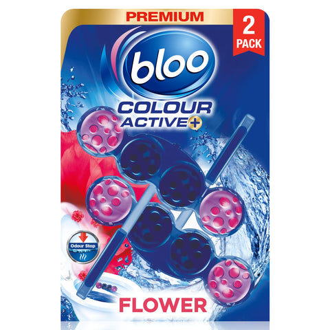 Bloo Colour Active Toilet Rim Block Fresh Flowers with Anti-Limescale, Cleaning Foam, Dirt Protection and Extra Freshness - 2 x 50g