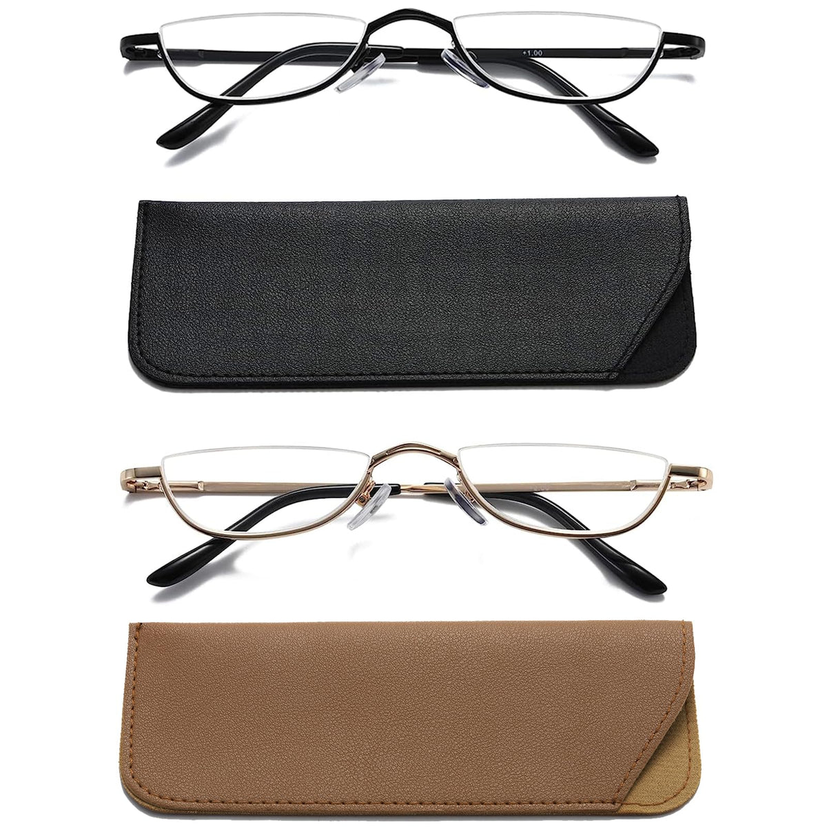 Hubeye 2 Pairs Half Moon Reading Glasses for Women and Men Metal Slim Half Frame Lens Ultra Thin Readers with Spring Hinges and Leather case 3.00
