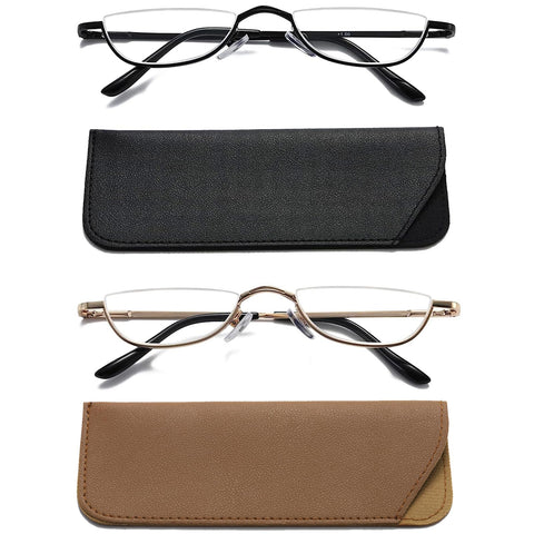 Hubeye 2 Pairs Half Moon Reading Glasses for Women and Men Metal Slim Half Frame Lens Ultra Thin Readers with Spring Hinges and Leather case 3.00